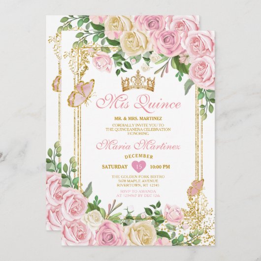 Zachte Blush Roze Kroon Meisje Quinceañera 15 Part Kaart (Voorkant / Achterkant)