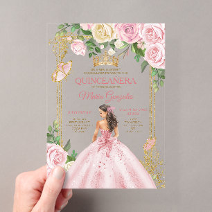 Zachte Blush Roze Mis Quince Kroon Gouden Quinceañ Acryl Uitnodigingen