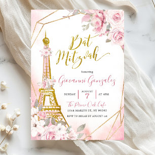 Zachte Blush Roze Roos Parijs Bat Mitzvah Uitnodig Kaart