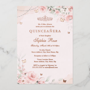 Zachte Blush Roze Roos Vlinder Quinceanera 15e Folie Uitnodiging