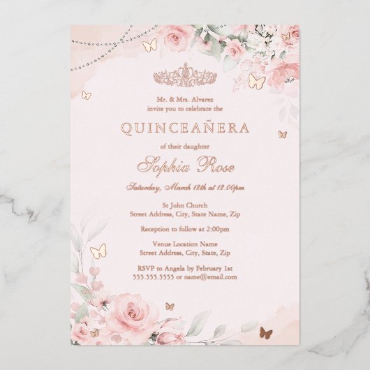 Zachte Blush Roze Roze Vlinder Quinceanera 15e Folie Uitnodiging (Voorkant)