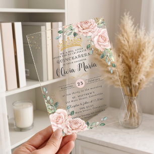 Zachte Blush Roze Rozen Bloemig Gouden Quinceanera Acryl Uitnodigingen