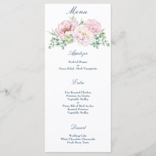 Zachte Blush Roze Rozen Elegante Bloemen Bruiloft Menu (Voorkant)