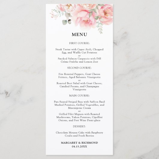 Zachte Blush Roze Tuin Bloemen Trouwmenu Menu (Voorkant)