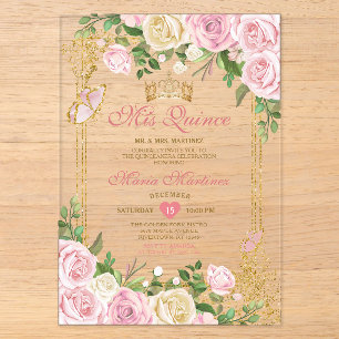 Zachte Blush Roze Verjaardag Gouden Kroon Mis Qui Acryl Uitnodigingen