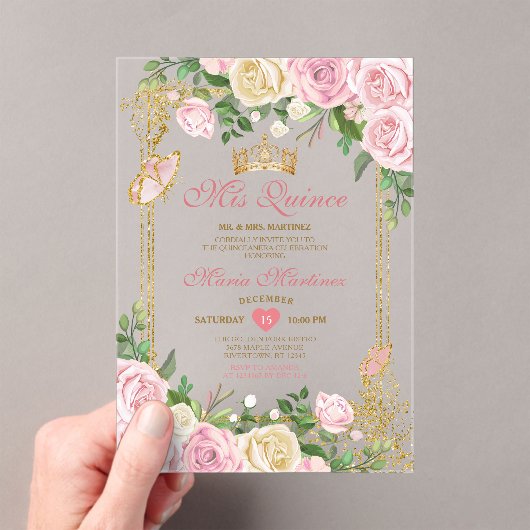 Zachte Blush Roze Verjaardag Gouden Kroon Mis Quin Acryl Uitnodigingen (Insitu (Draagbaar))