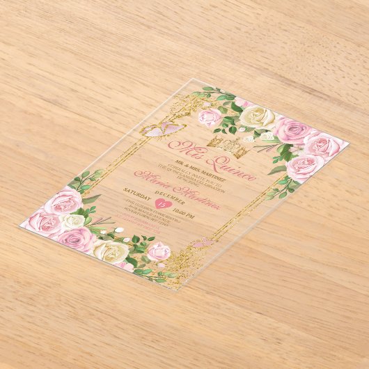 Zachte Blush Roze Verjaardag Gouden Kroon Mis Quin Acryl Uitnodigingen (Laagn)