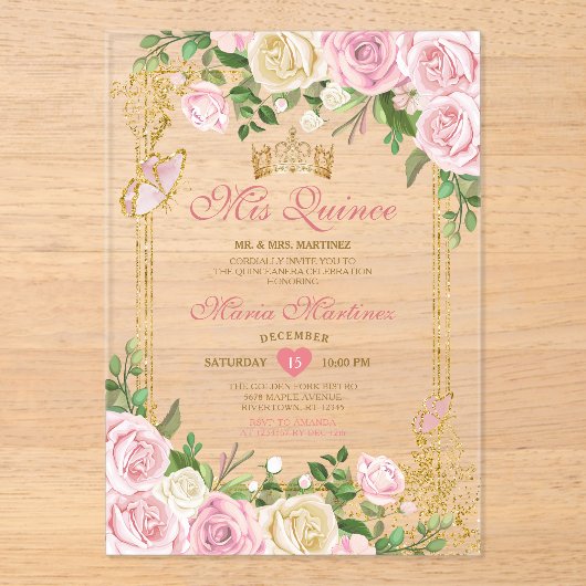 Zachte Blush Roze Verjaardag Gouden Kroon Mis Quin Acryl Uitnodigingen (Voorkant)