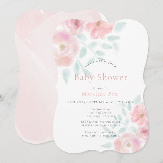 Zachte, blush roze Waterverf Roos Baby shower Kaart (Voorkant / Achterkant)