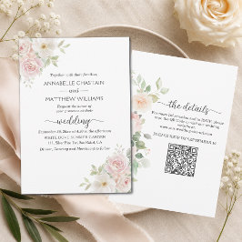 Zachte Blush Rozen All in One QR Code Trouwen Kaart