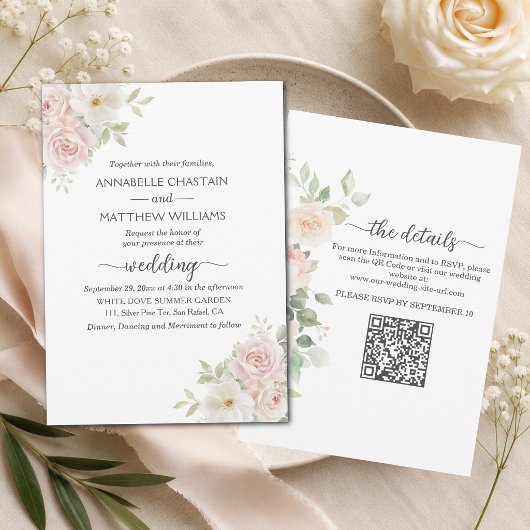 Zachte Blush Rozen All in One QR Code Trouwen  Kaart