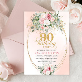 Zachte Blush Rozen Gouden Elegante 90e Verjaardags Kaart