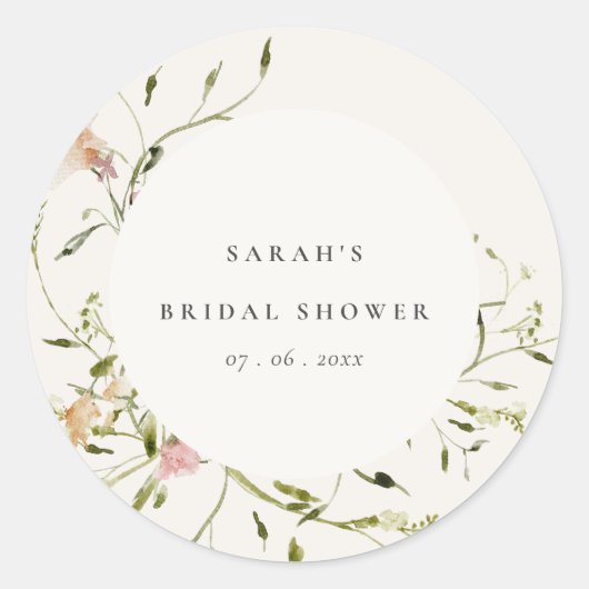 Zachte Blush Weide Bloemenkrans Bruidsdouche Ronde Sticker (Voorkant)