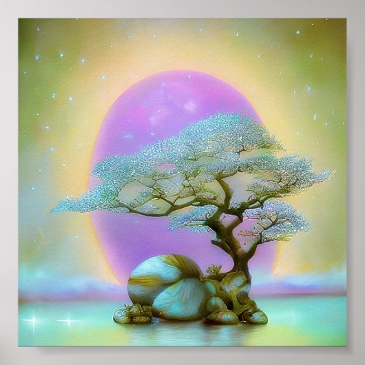 Zachte bonsai en paarse maan poster (Voorkant)