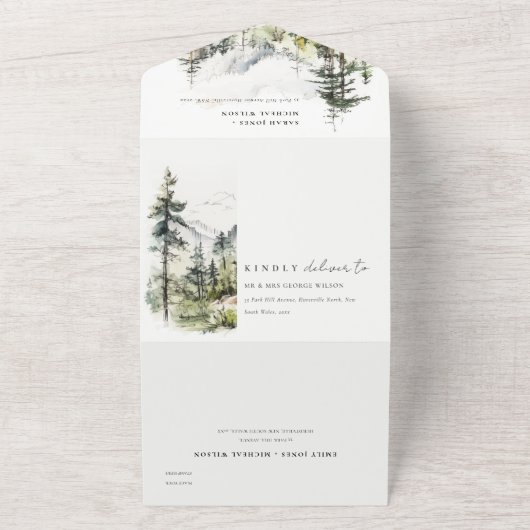 Zachte Bossen Berglandschap Schets Bruiloft All In One Uitnodiging (Buitenkant)