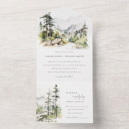 Zachte Bossen Berglandschap Schets Bruiloft All In One Uitnodiging (Binnen)