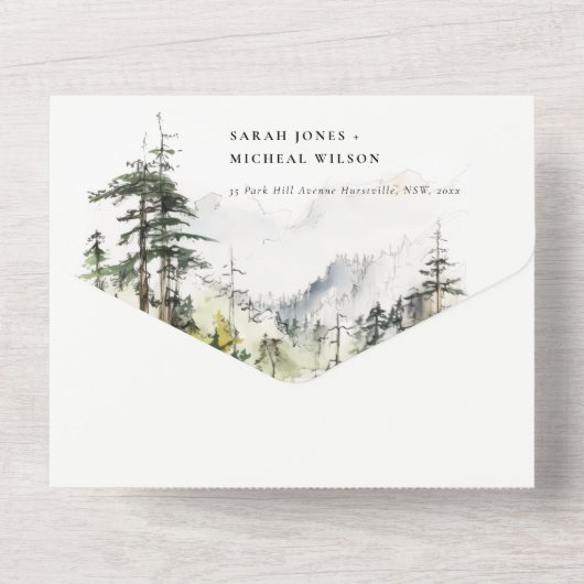Zachte Bossen Berglandschap Schets Bruiloft All In One Uitnodiging (Achterkant)