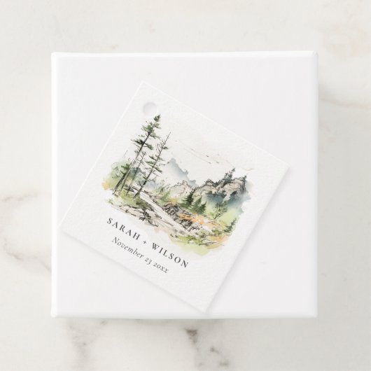 Zachte Bossen Berglandschap Schets Bruiloft Bedankjes Labels (In situ)