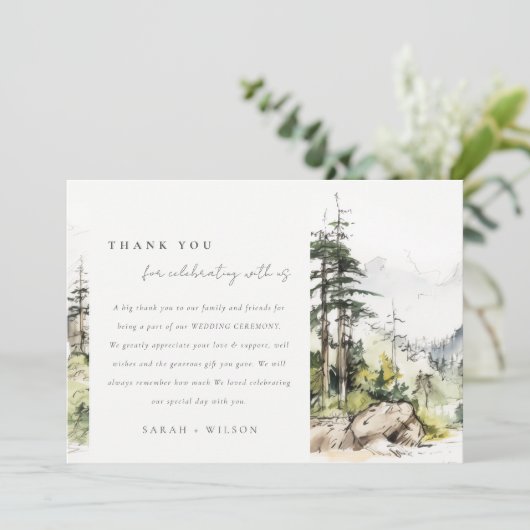Zachte Bossen Berglandschap Schets Bruiloft Bedankkaart (Staand voorkant)