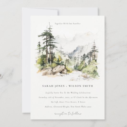 Zachte Bossen Berglandschap Schets Bruiloft Kaart (Voorkant)