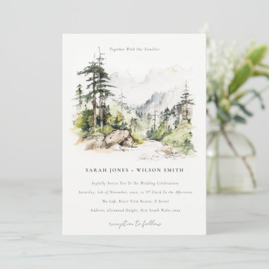Zachte Bossen Berglandschap Schets Bruiloft Kaart (Staand voorkant)