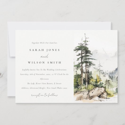 Zachte Bossen Berglandschap Schets Bruiloft Kaart (Voorkant)