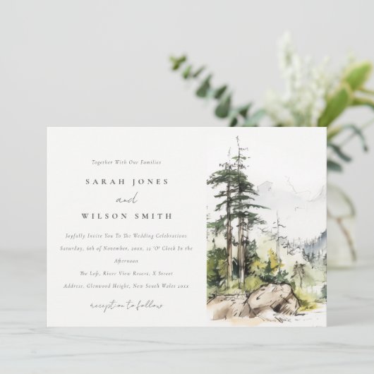 Zachte Bossen Berglandschap Schets Bruiloft Kaart (Staand voorkant)