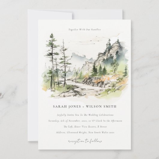 Zachte Bossen Berglandschap Schets Bruiloft Kaart (Voorkant)