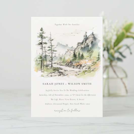 Zachte Bossen Berglandschap Schets Bruiloft Kaart (Staand voorkant)