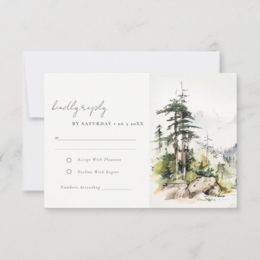 Zachte Bossen Berglandschap Schets Bruiloft RSVP Kaartje (Voorkant)