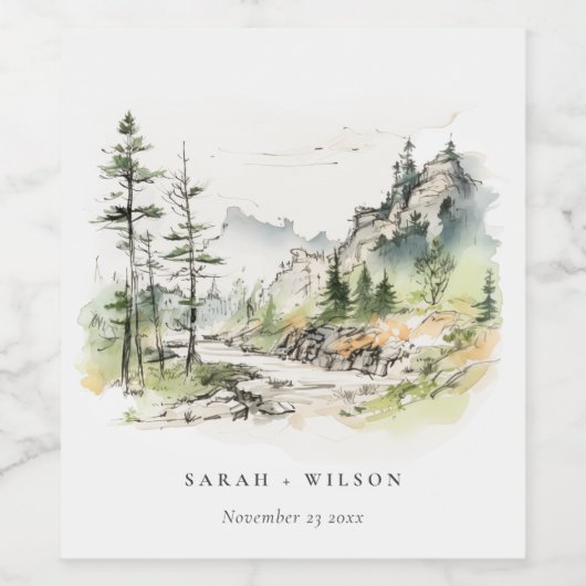 Zachte Bossen Berglandschap Schets Bruiloft Wijn Etiket (Enkel label)