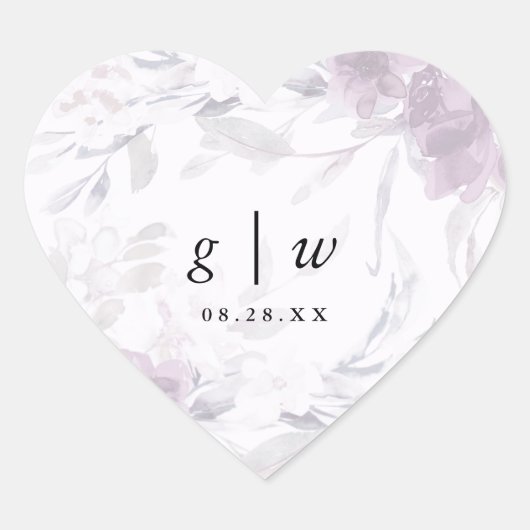 Zachte Botanische Bloemen Monogram en Datum Bruilo Hart Sticker (Voorkant)