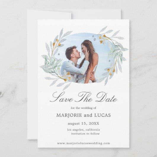 Zachte Botanische Krans ⎥ Foto Save The Date Kaart (Voorkant)