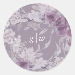 Zachte Botanische Paarse Bloemen Monogram Bruiloft Ronde Sticker