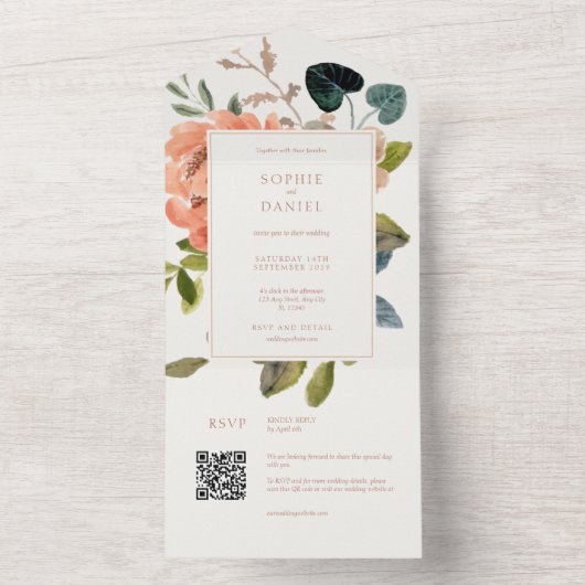 Zachte chique bloemenbruiloft Waterverf All In One Uitnodiging (Binnen)