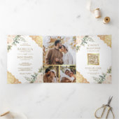 Zachte Cream Rozen Gouden Kant QR Code Bruiloft Drieluik Uitnodiging (Binnen)