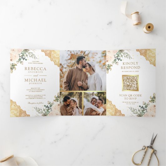 Zachte Cream Rozen Gouden Kant QR Code Bruiloft Drieluik Uitnodiging (Binnen)