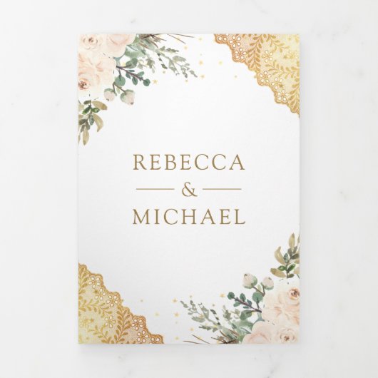 Zachte Cream Rozen Gouden Kant QR Code Bruiloft Drieluik Uitnodiging (Cover)