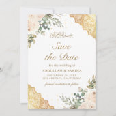 Zachte Crème Rozen Gouden Kant Moslim Bruiloft Save The Date (Voorkant)