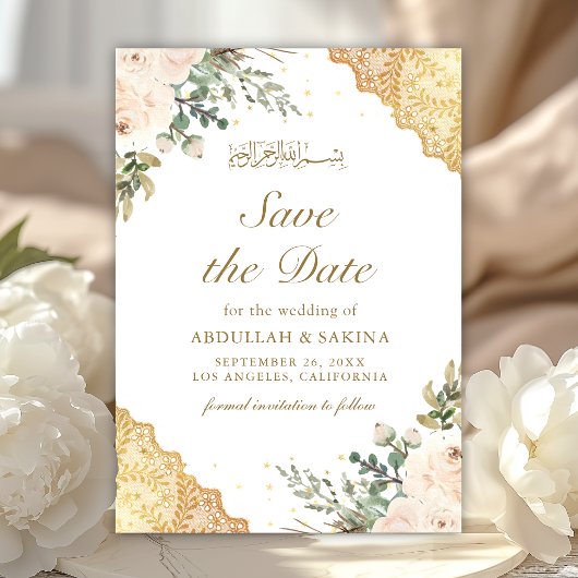 Zachte Crème Rozen Gouden Kant Moslim Bruiloft Save The Date