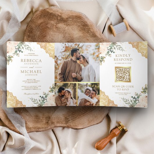 Zachte Crème Rozen Gouden Kant QR Code Trouwfeest Drieluik Uitnodiging