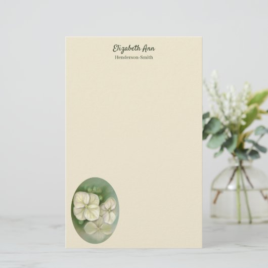 Zachte crème Witte pasta Hydrangea Floral Briefpapier (Staand voorkant)