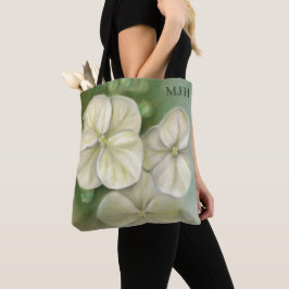 Zachte crème Witte pasta Hydrangea Floral Monogram Tote Bag
