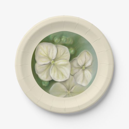 Zachte crème Witte pasta Hydrangea Floral Papieren Bordje (Voorkant)
