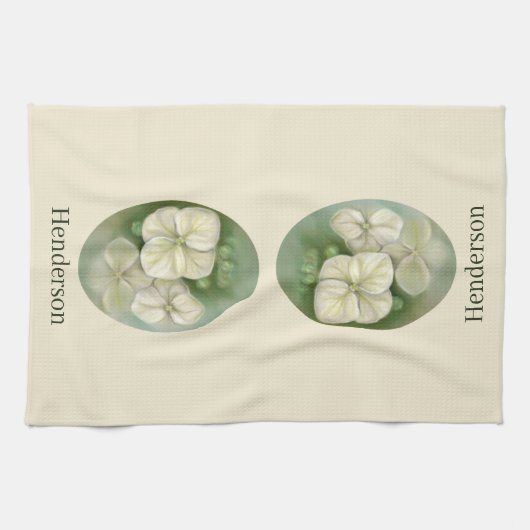 Zachte crème Witte pasta Hydrangea Floral Theedoek (Horizontaal)