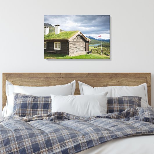 Zachte dak blokhut in Noorwegen canvas Afdruk (Insitu (Slaapkamer))