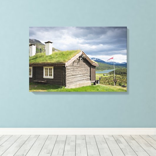 Zachte dak blokhut in Noorwegen canvas Afdruk (Insitu (Houten vloer))