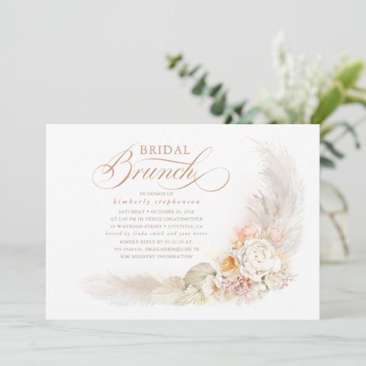 Zachte deegbloemen en Pampas Grass Bridal Brunch Kaart (Staand voorkant)