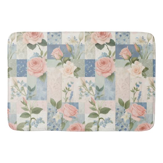 Zachte delicate bloemen roze en blauwe patchwork badmat (Voorkant)