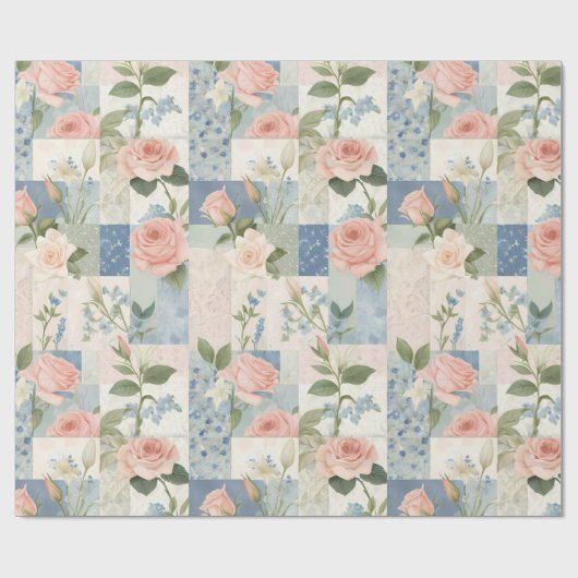 Zachte delicate bloemen roze en blauwe patchwork cadeaupapier (Vlak)